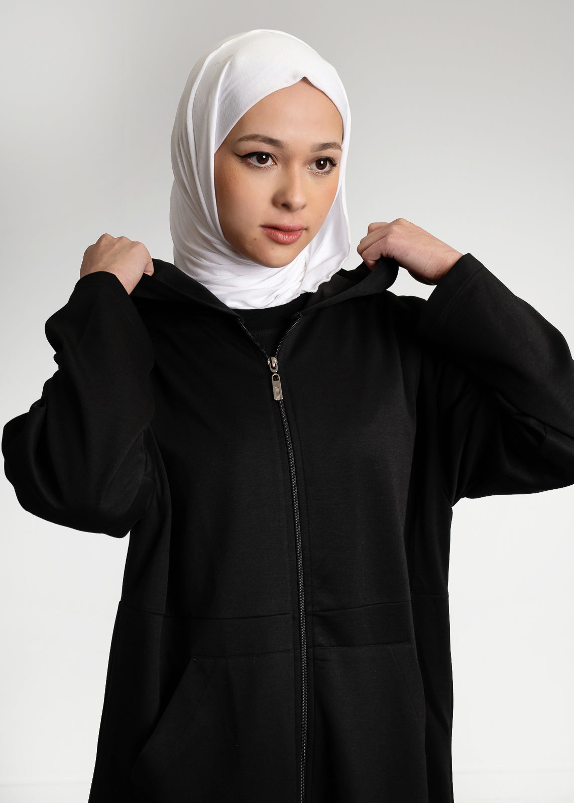 BLACK MAXI ZIP UP HOODIE