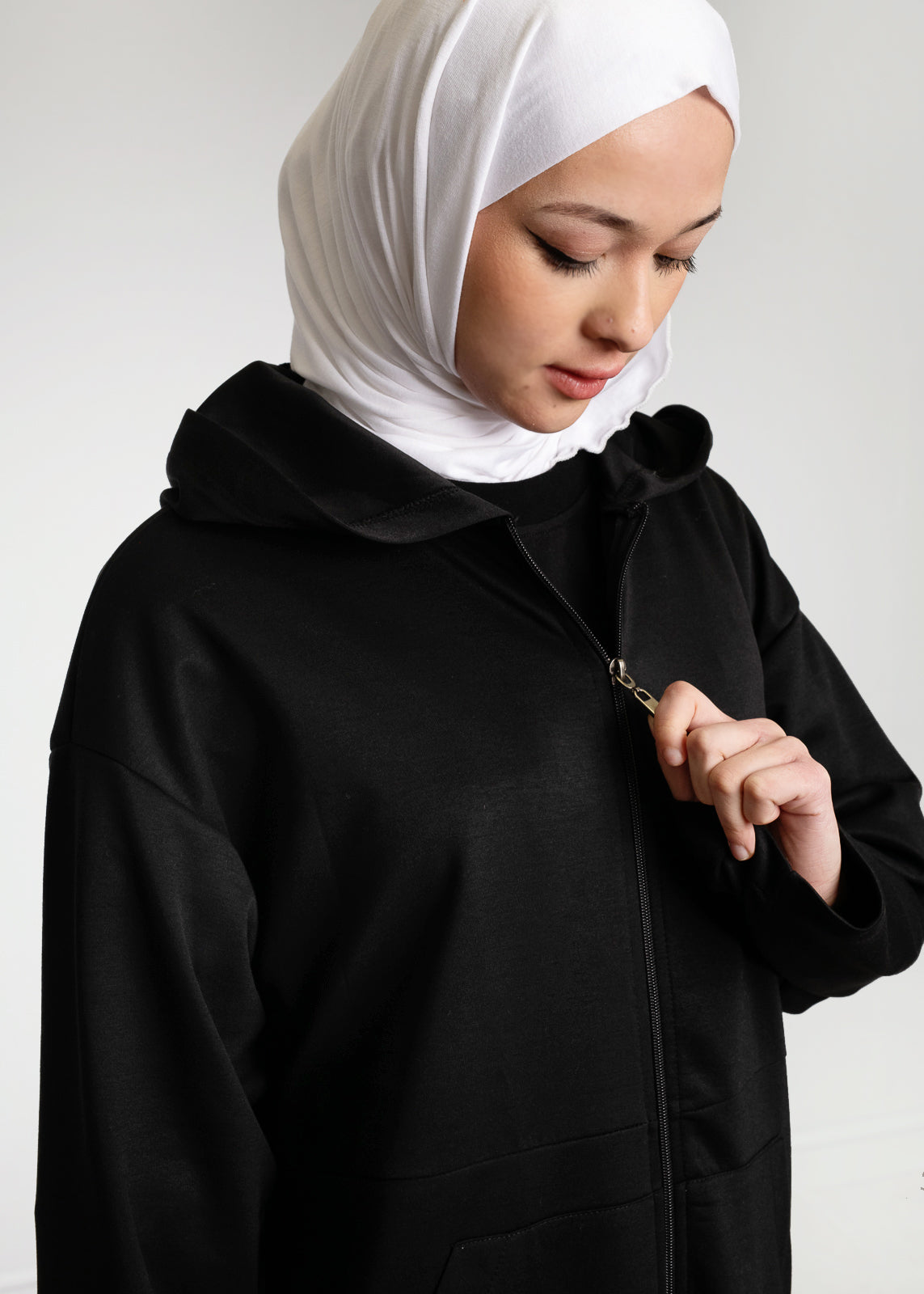 BLACK MAXI ZIP UP HOODIE